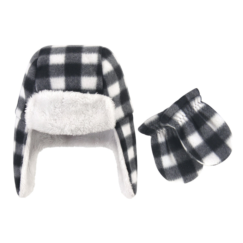Hudson Baby Fleece Trapper Hat and Mitten Set, Black White Plaid Baby