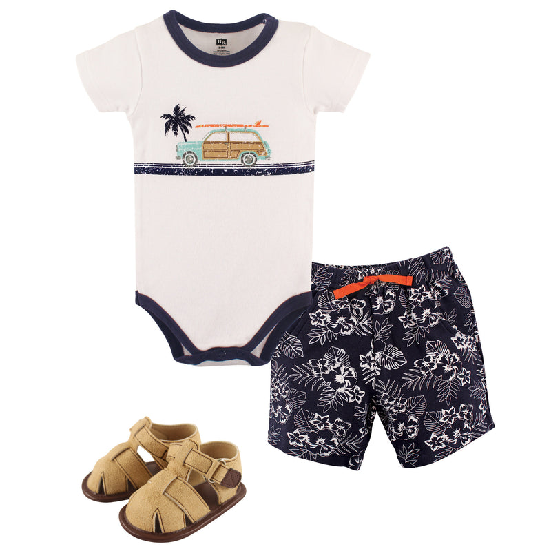 Hudson Baby Cotton Bodysuit, Shorts and Shoe Set, Surf Car