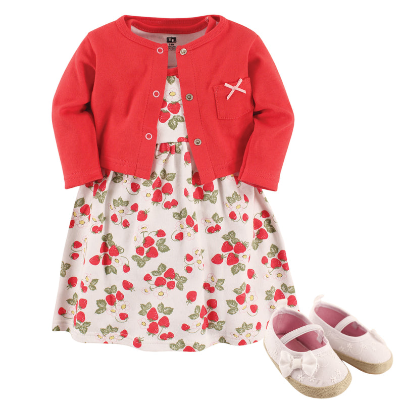 Hudson Baby Cotton Dress, Cardigan and Shoe Set, Strawberry
