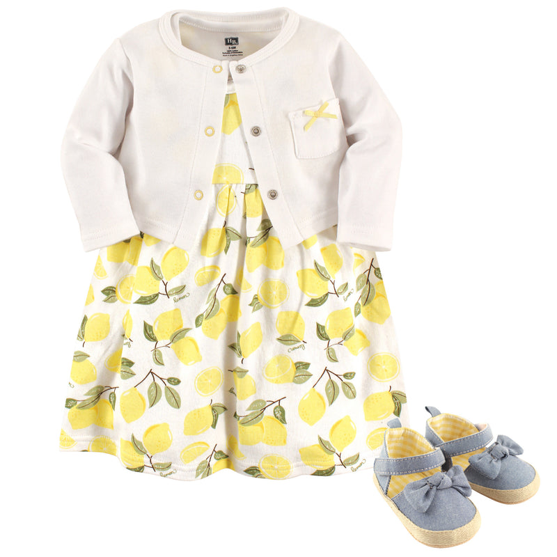 Hudson Baby Cotton Dress, Cardigan and Shoe Set, Lemon