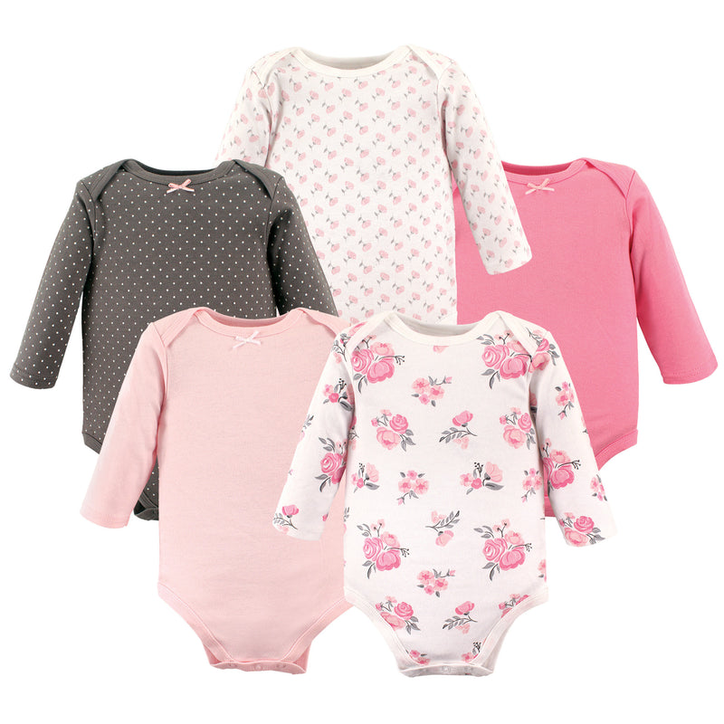 Hudson Baby Cotton Long-Sleeve Bodysuits, Basic Pink Floral
