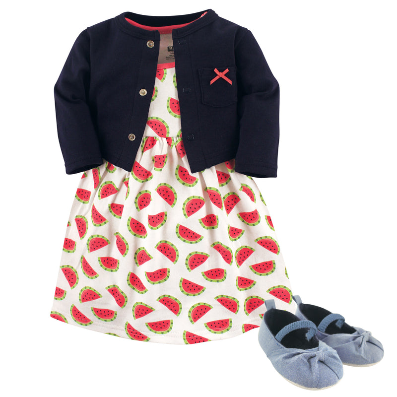Hudson Baby Cotton Dress, Cardigan and Shoe Set, Watermelon