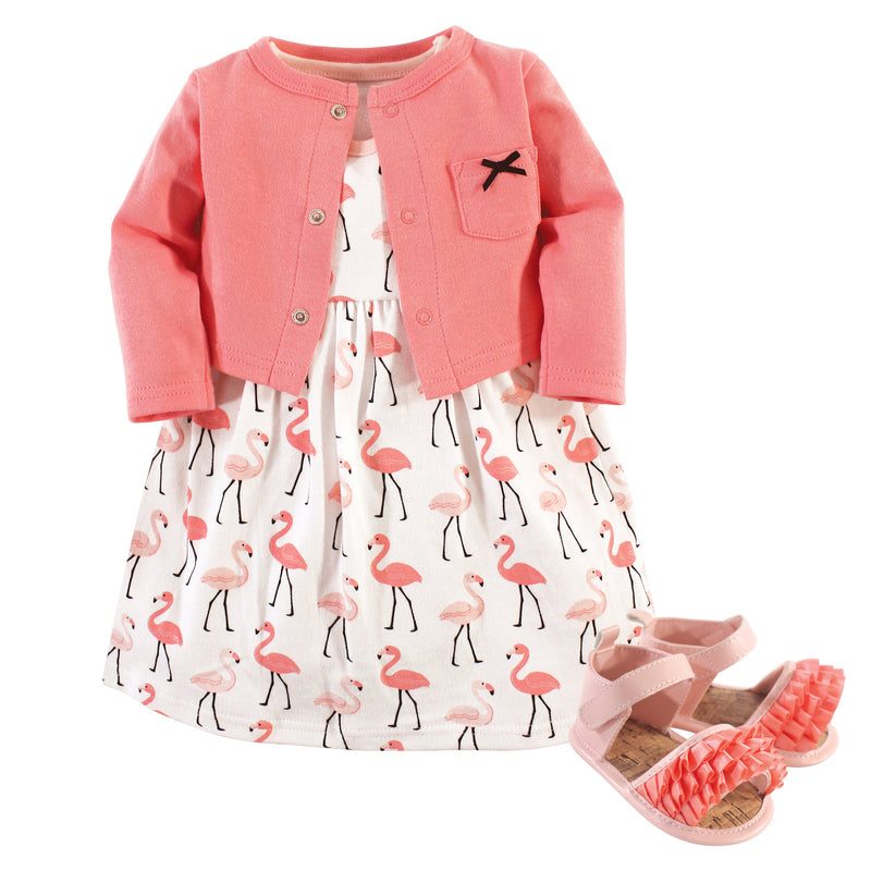 Hudson Baby Cotton Dress, Cardigan and Shoe Set, Flamingos