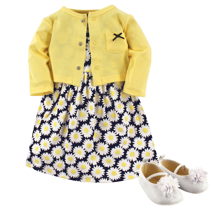 Hudson Baby Cotton Dress, Cardigan and Shoe Set, Daisy