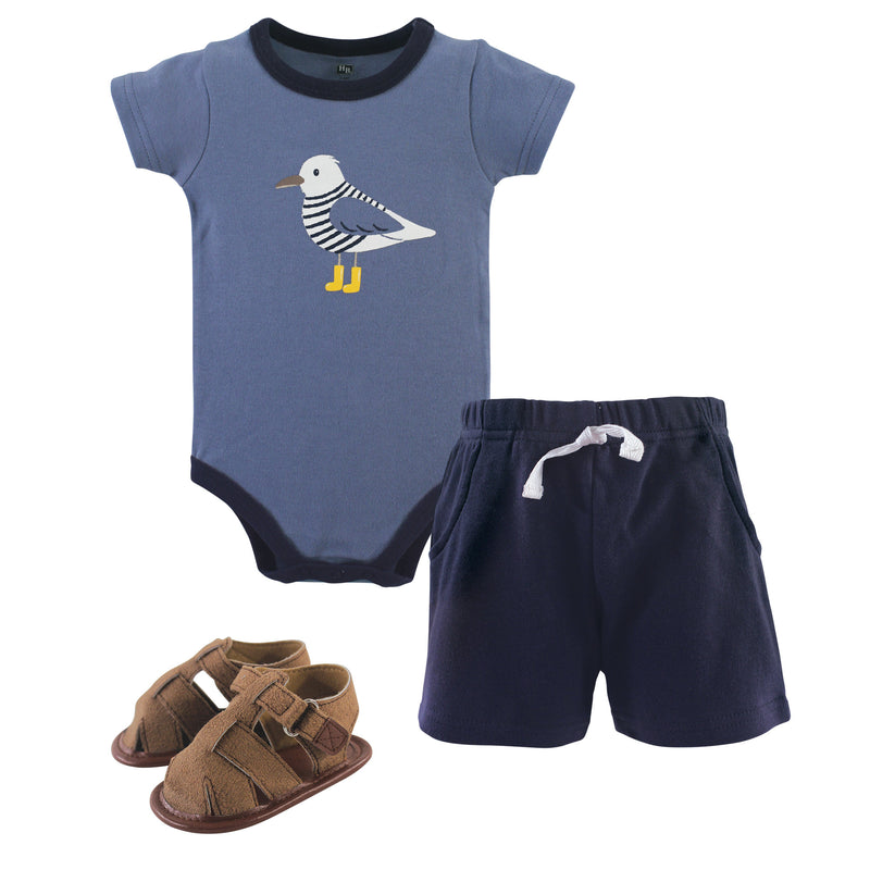 Hudson Baby Cotton Bodysuit, Shorts and Shoe Set, Seagull