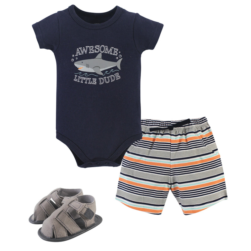 Hudson Baby Cotton Bodysuit, Shorts and Shoe Set, Shark