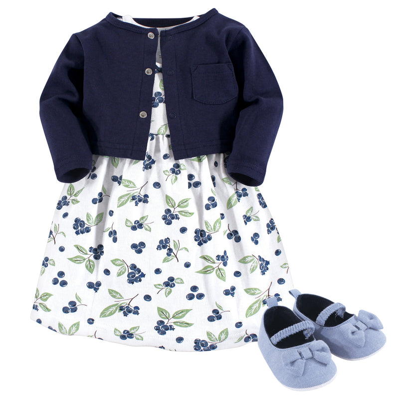 Hudson Baby Cotton Dress, Cardigan and Shoe Set, Blueberries
