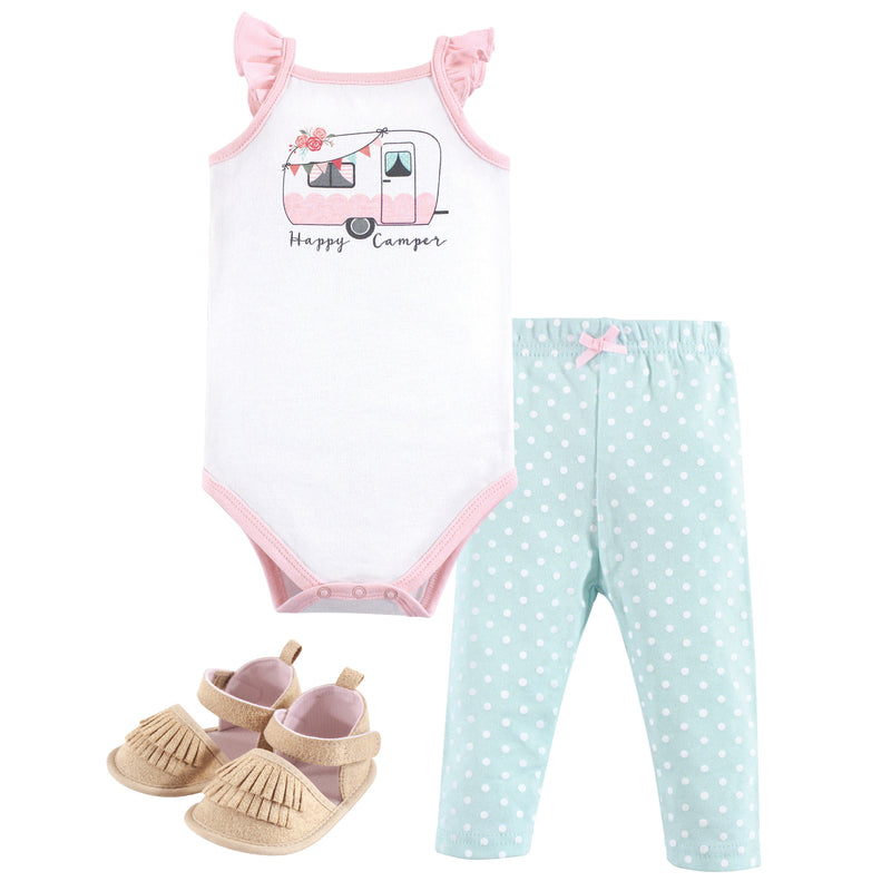 Hudson Baby Cotton Bodysuit, Pant and Shoe Set, Pink Happy Camper