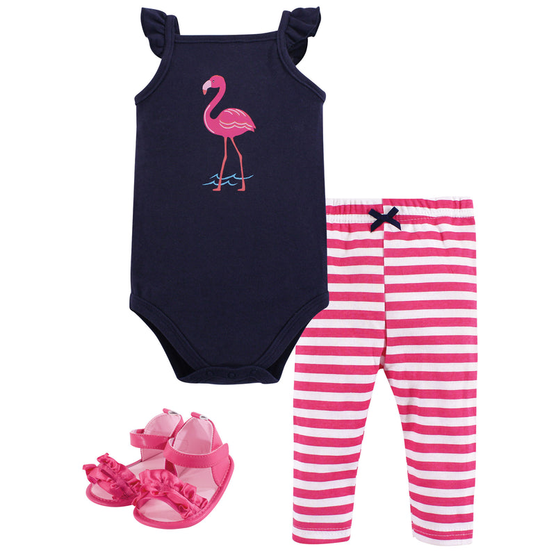 Hudson Baby Cotton Bodysuit, Pant and Shoe Set, Bright Flamingo