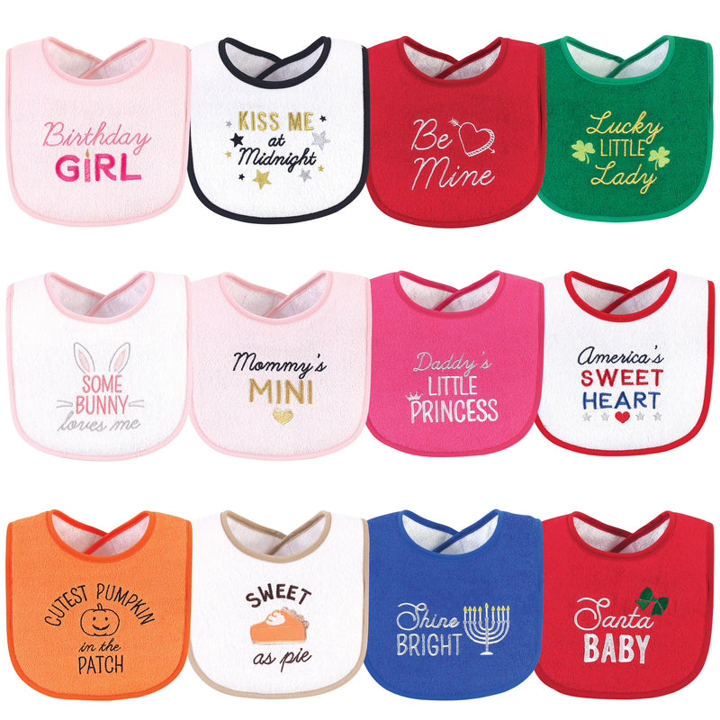 Hudson Baby Cotton Terry Drooler Bibs with Fiber Filling, Cute Girl Holiday Sayings