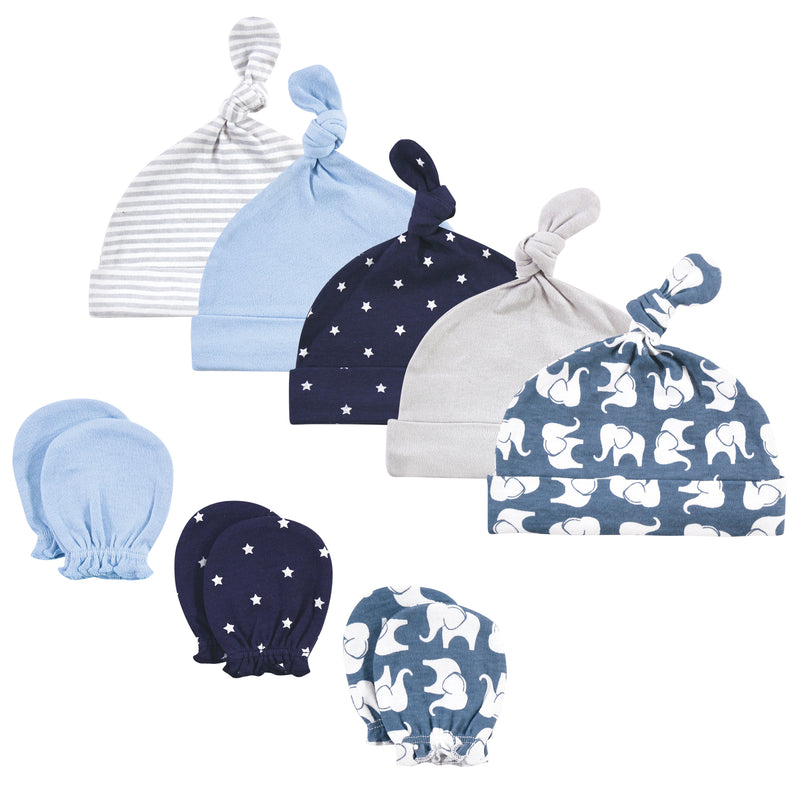 Hudson Baby Cotton Cap and Scratch Mitten Set, Blue Elephant