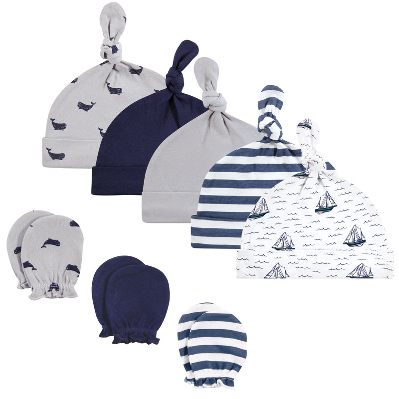 Hudson Baby Cotton Cap and Scratch Mitten Set, Sail The Sea