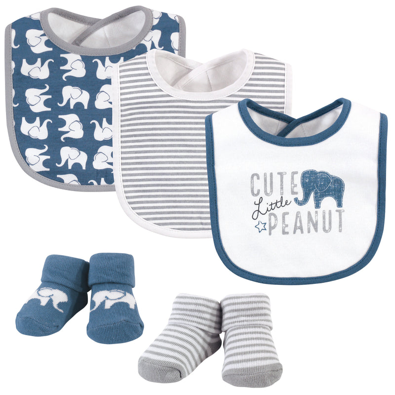Hudson Baby Cotton Bib and Sock Set, Blue Elephant