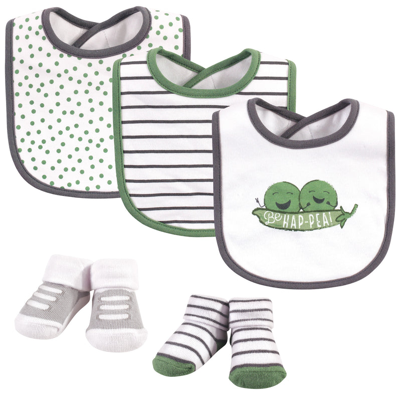 Hudson Baby Cotton Bib and Sock Set, Peas
