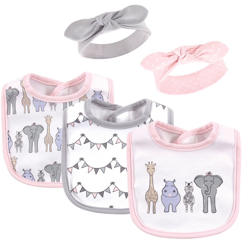 Hudson Baby Cotton Bib and Headband or Caps Set, Pink Safari