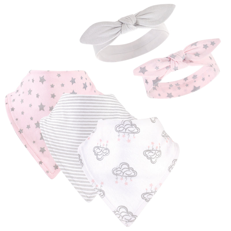 Hudson Baby Cotton Bib and Headband or Caps Set, Cloud Mobile Pink