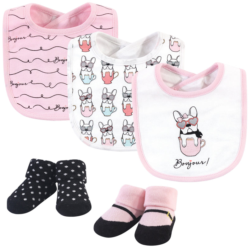 Hudson Baby Cotton Bib and Sock Set, Pink Bonjour