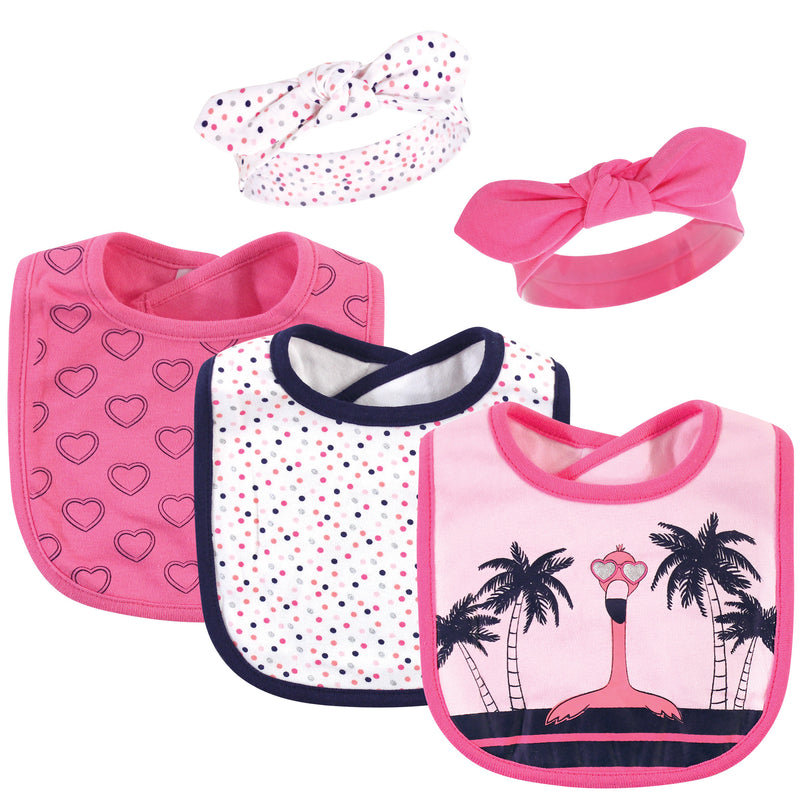 Hudson Baby Cotton Bib and Headband or Caps Set, Tropical Flamingo