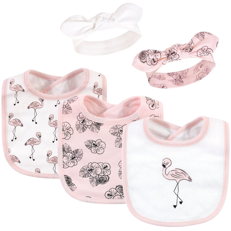 Hudson Baby Cotton Bib and Headband or Caps Set, Painted Flamingo