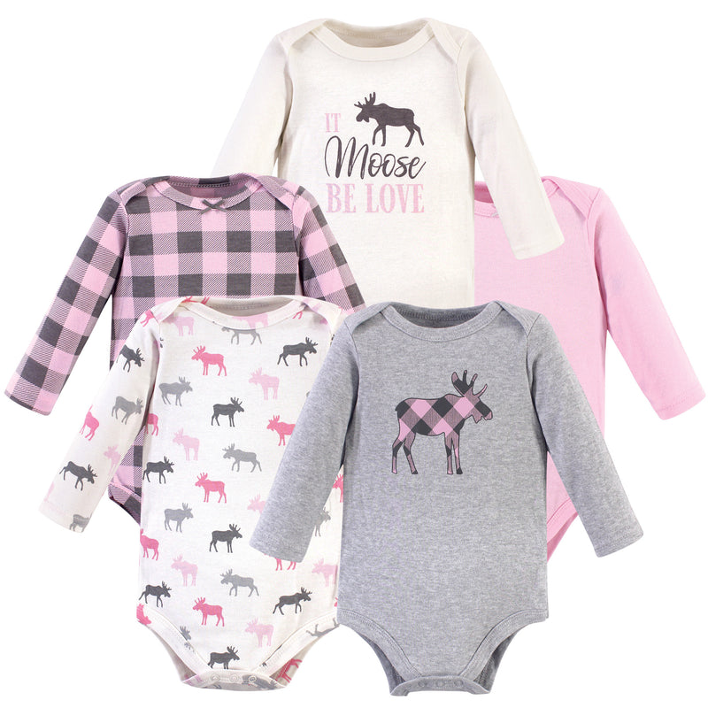 Hudson Baby Cotton Long-Sleeve Bodysuits, Pink Moose