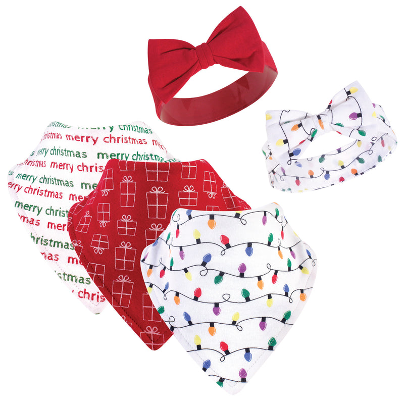 Hudson Baby Cotton Bib and Headband or Caps Set, Christmas Lights