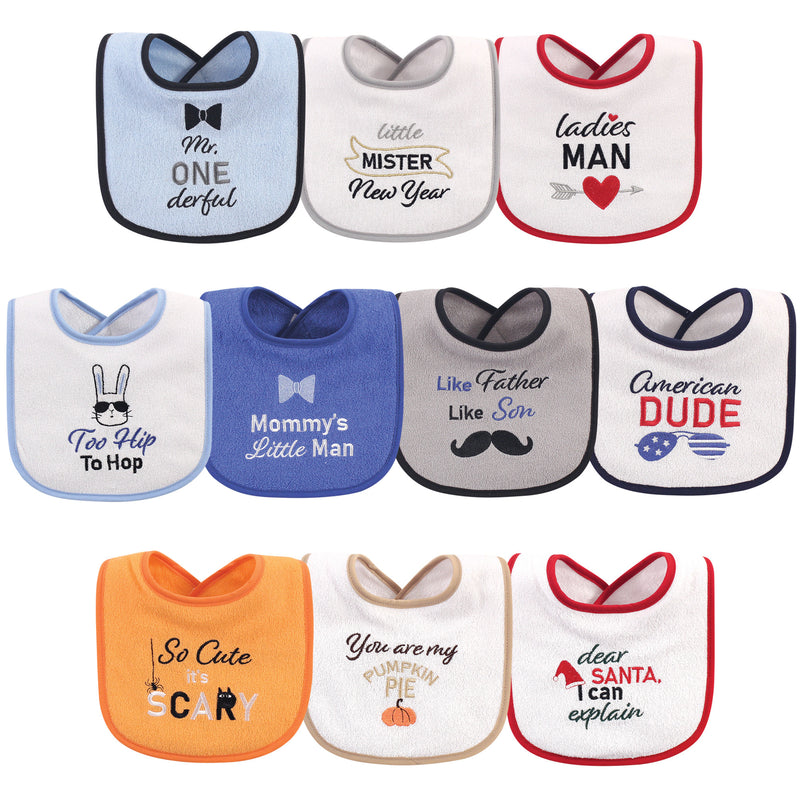 Hudson Baby Cotton Terry Drooler Bibs with Fiber Filling, Holiday Boy Onederful