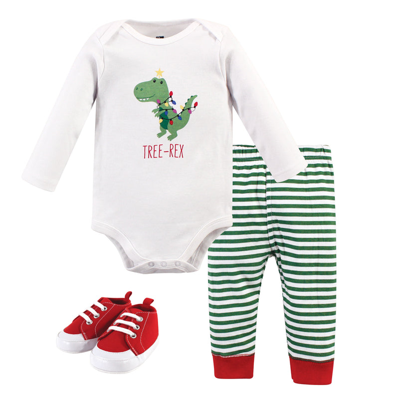 Hudson Baby Cotton Bodysuit, Pant and Shoe Set, Tree Rex