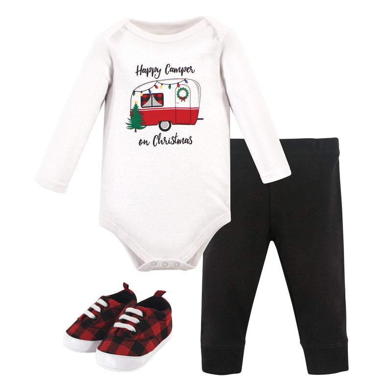 Hudson Baby Cotton Bodysuit, Pant and Shoe Set, Christmas Camper