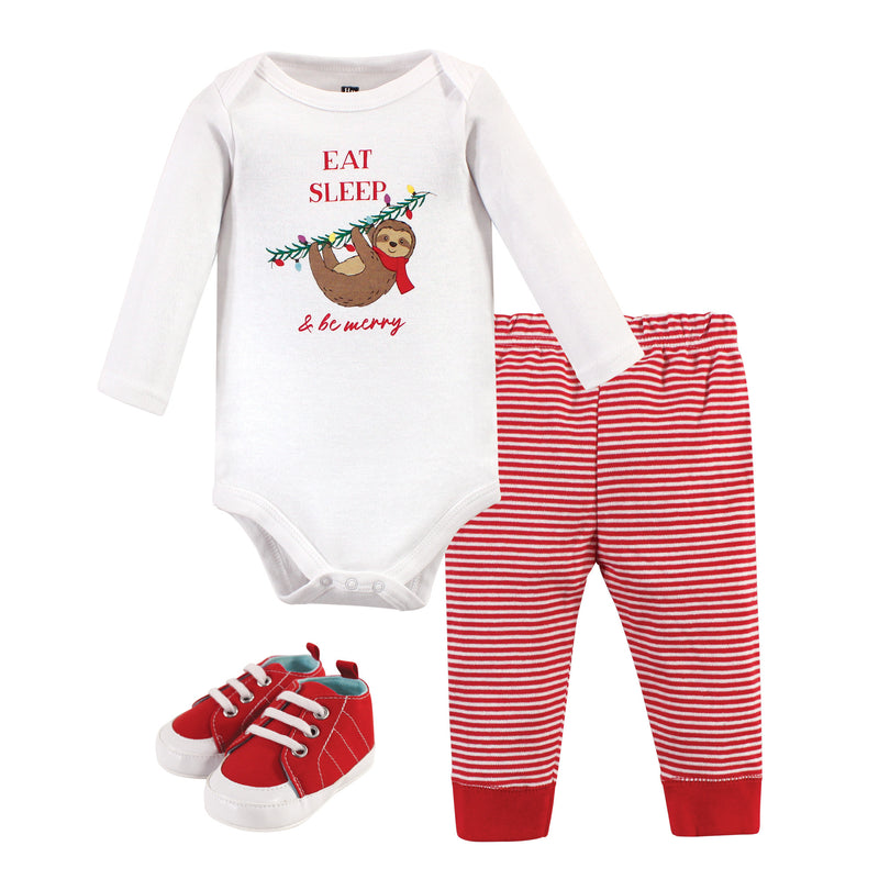 Hudson Baby Cotton Bodysuit, Pant and Shoe Set, Christmas Sloth