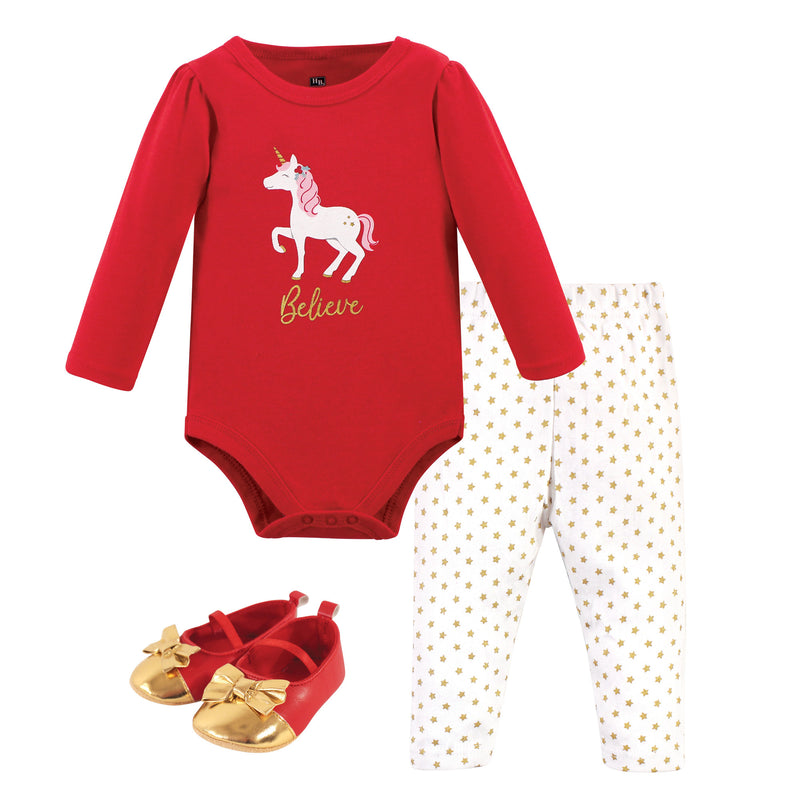 Hudson Baby Cotton Bodysuit, Pant and Shoe Set, Christmas Unicorn