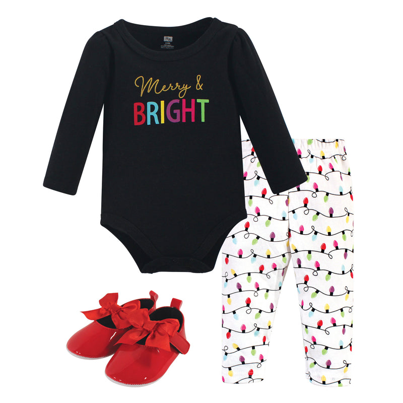Hudson Baby Cotton Bodysuit, Pant and Shoe Set, Merry Bright