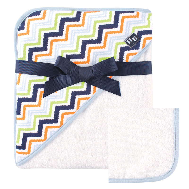 Hudson Baby Cotton Hooded Towel and Washcloth, Chevron