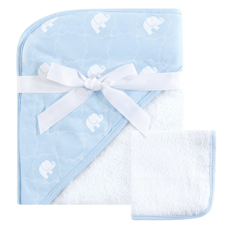 Hudson Baby Cotton Hooded Towel and Washcloth, Blue Elephant