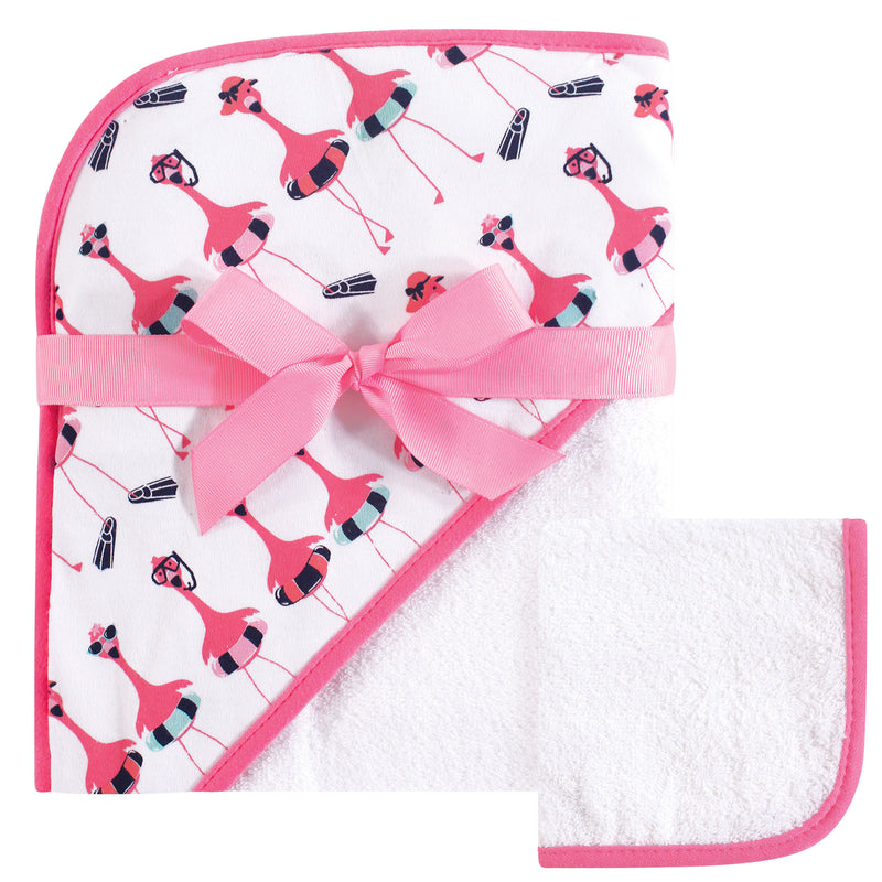 Hudson Baby Cotton Hooded Towel and Washcloth, Fancy Flamingo