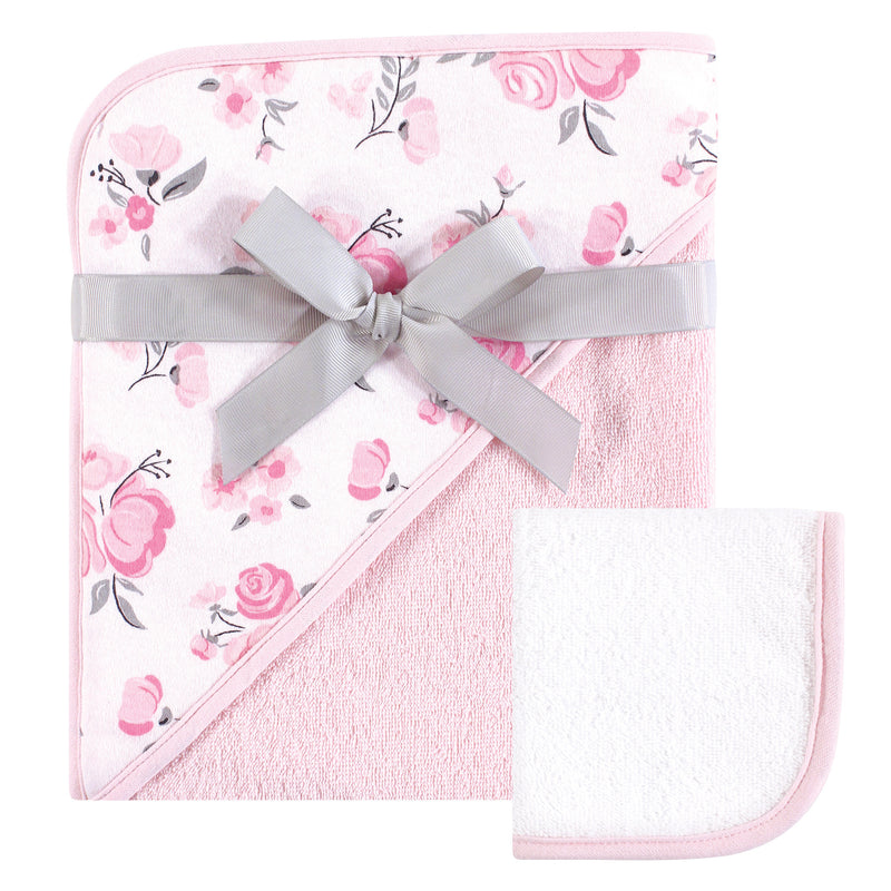 Hudson Baby Cotton Hooded Towel and Washcloth, Pink Floral
