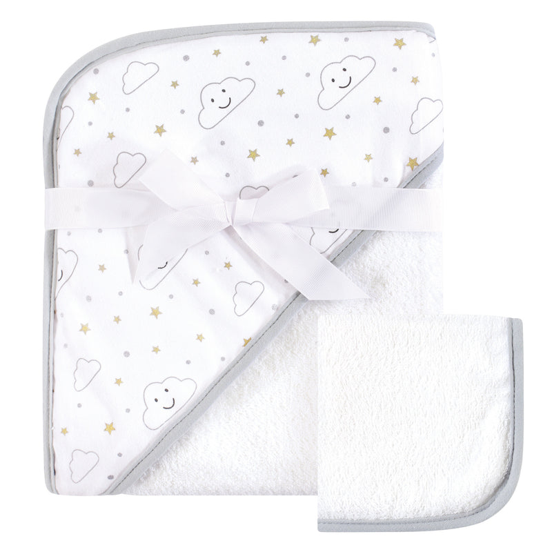 Hudson Baby Cotton Hooded Towel and Washcloth, Gray Clouds