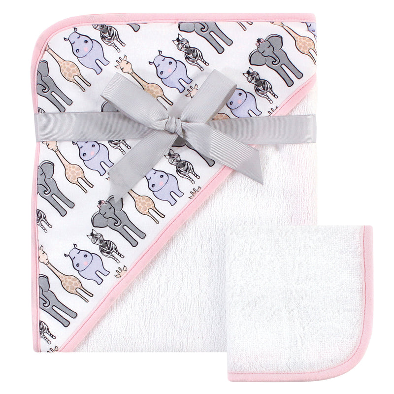 Hudson Baby Cotton Hooded Towel and Washcloth, Pink Safari