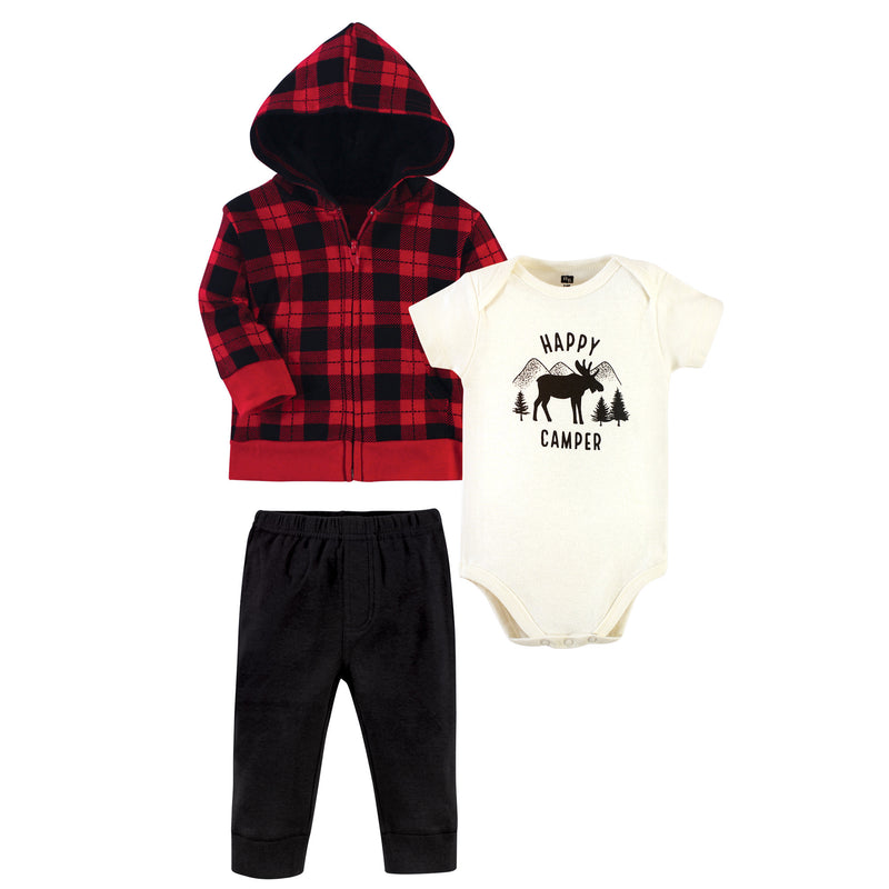 Hudson Baby Cotton Hoodie, Bodysuit or Tee Top and Pant Set, Plaid Moose Baby