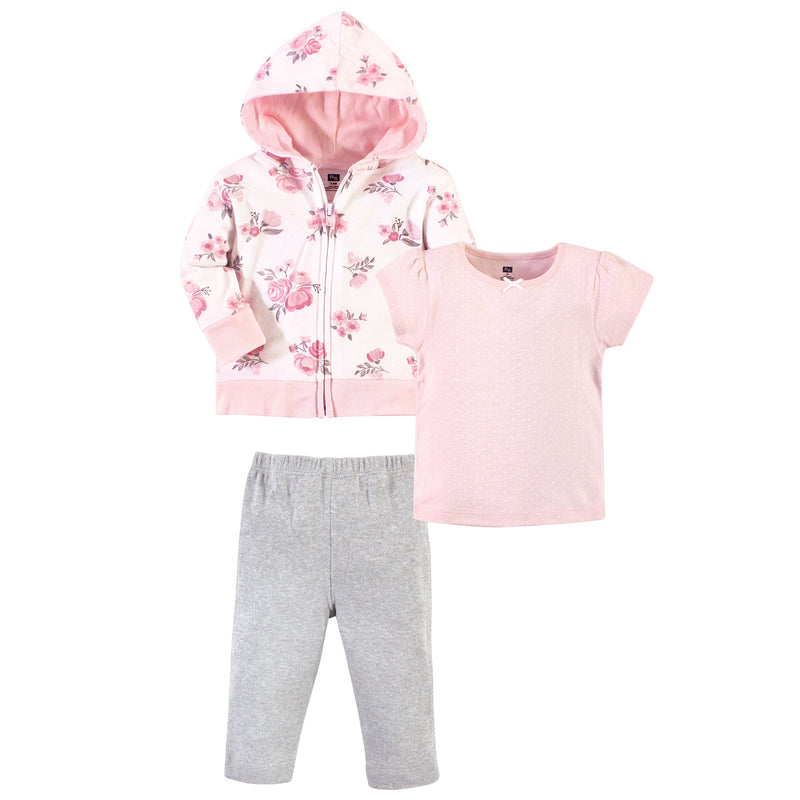 Hudson Baby Cotton Hoodie, Bodysuit or Tee Top and Pant Set, Pink Floral Toddler