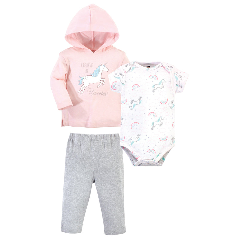 Hudson Baby Cotton Hoodie, Bodysuit or Tee Top and Pant Set, Glitter Unicorn Baby