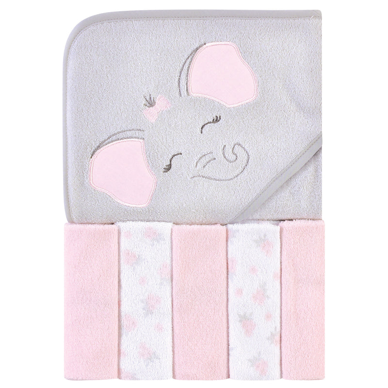 Hudson Baby Hooded Towel and Five Washcloths, Pink Elephant