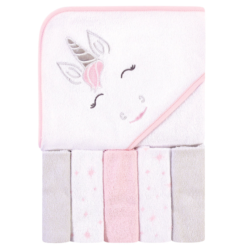 Hudson Baby Hooded Towel and Five Washcloths, Pink Unicorn