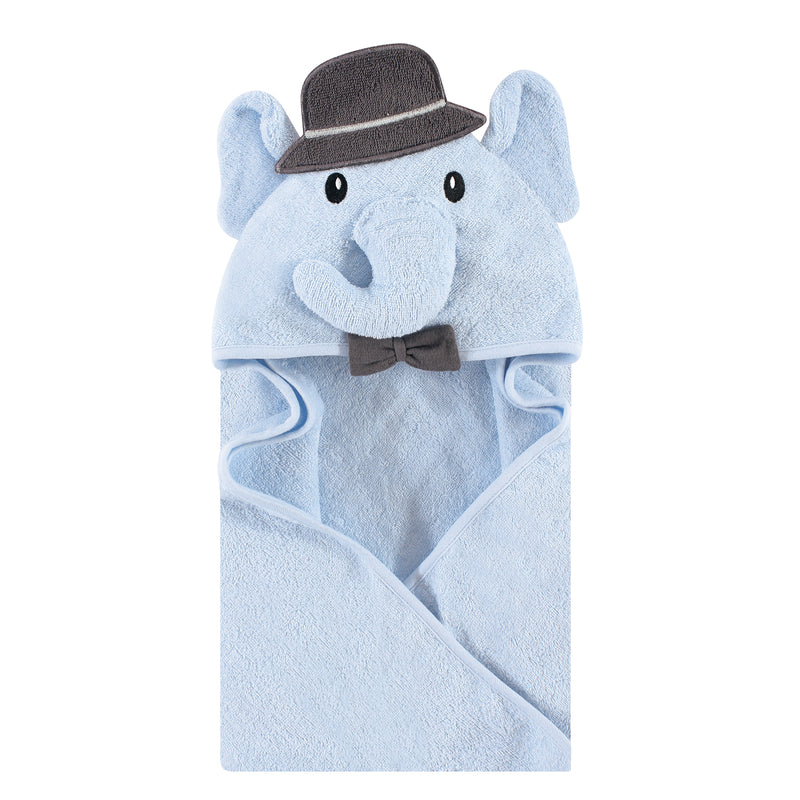 Hudson Baby Cotton Animal Face Hooded Towel, Blue Charcoal Elephant