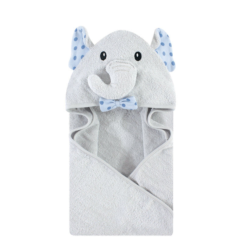 Hudson Baby Cotton Animal Face Hooded Towel, Blue Dots Gray Elephant