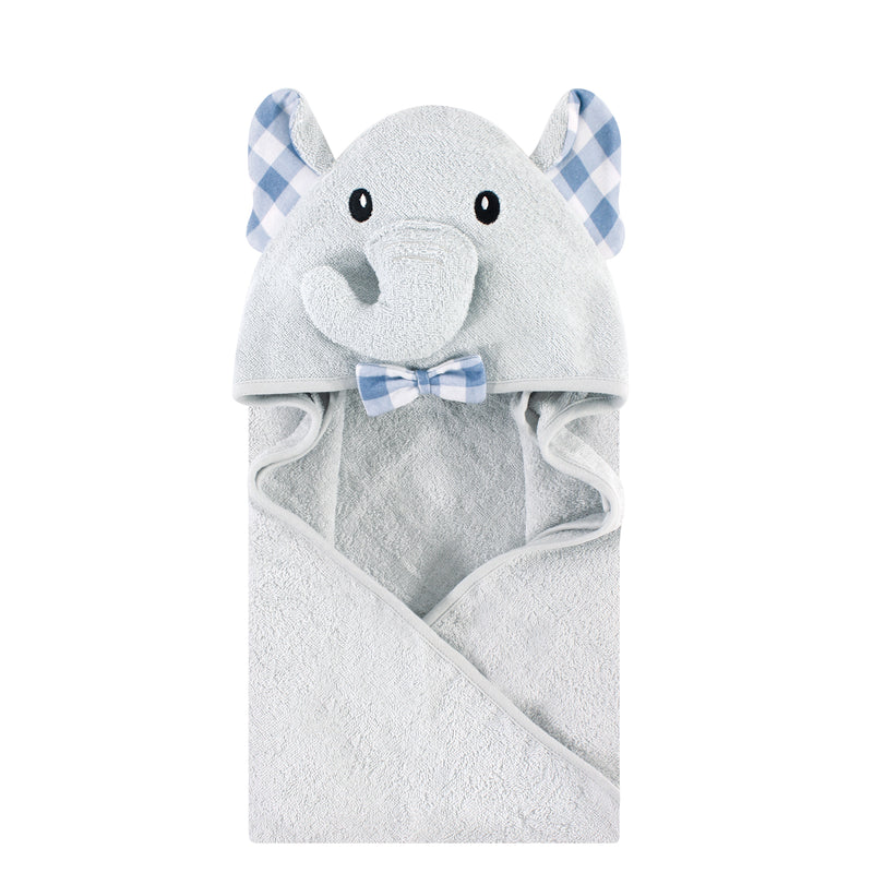 Hudson Baby Cotton Animal Face Hooded Towel, Gingham Elephant