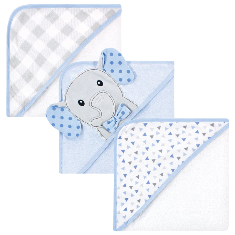 Hudson Baby Cotton Rich Hooded Towels, Blue Dots Gray Elephant