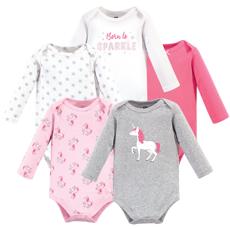 Hudson Baby Cotton Long-Sleeve Bodysuits, Pink Unicorn