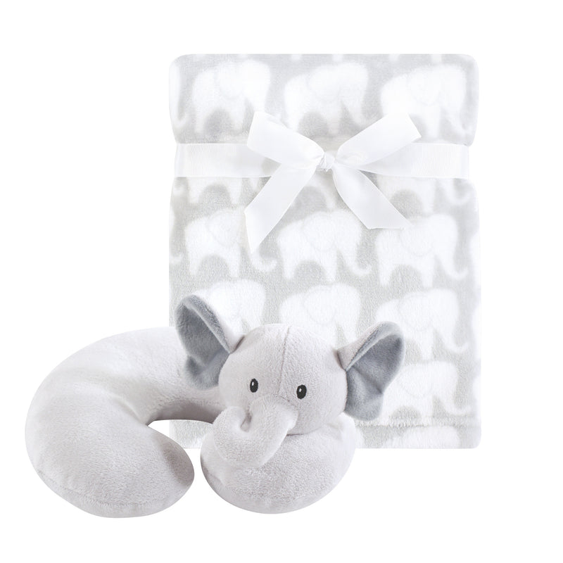 Hudson Baby Neck Pillow and Plush Blanket Set, Gray Elephant