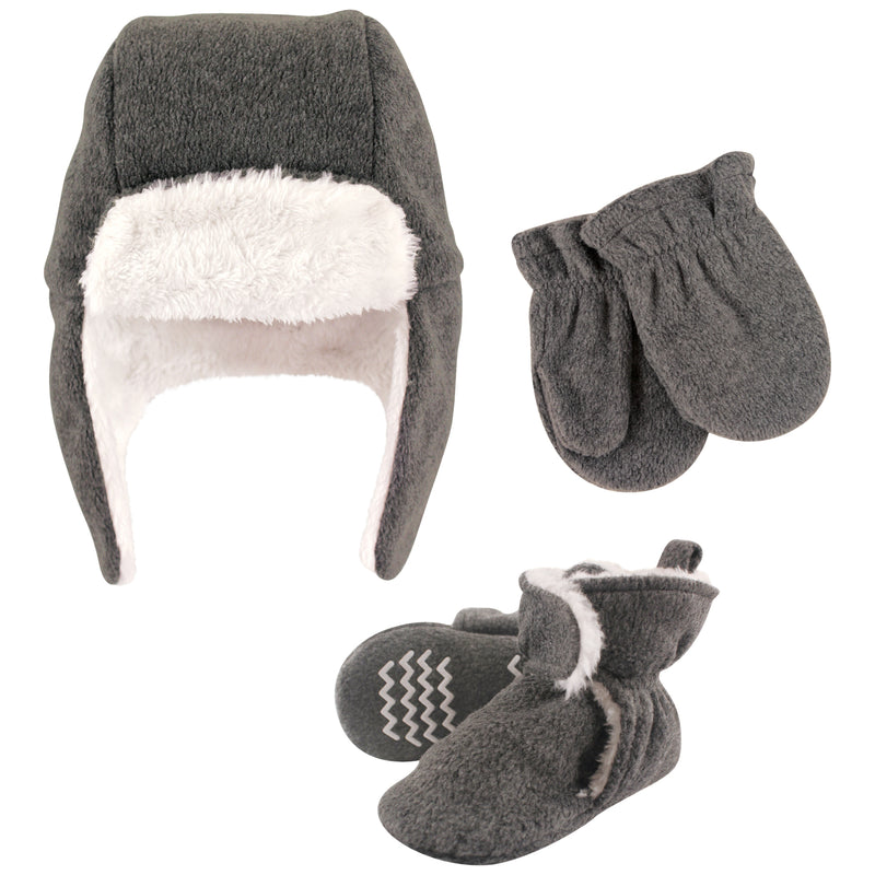 Hudson Baby Trapper Hat, Mitten and Bootie Set, Heather Charcoal