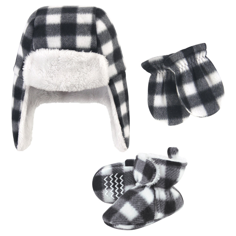 Hudson Baby Trapper Hat, Mitten and Bootie Set, Black White Plaid